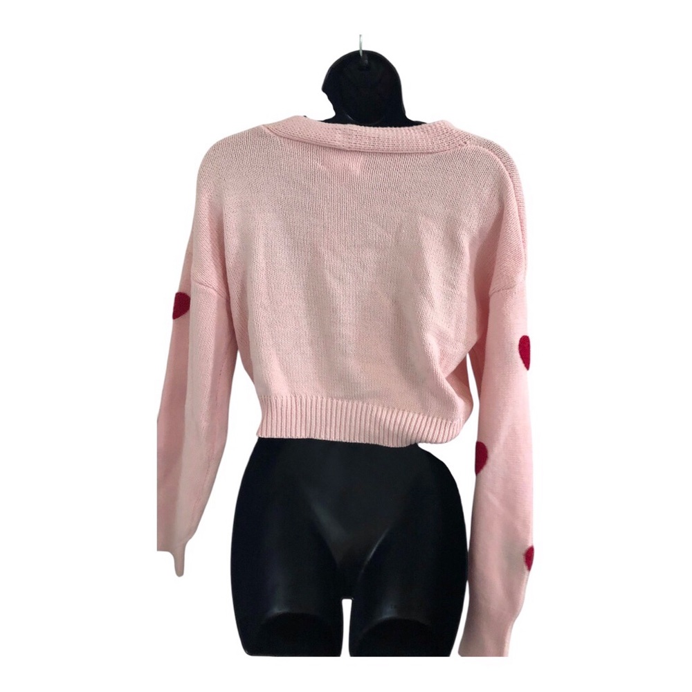 Jessica Simpson tufted embroidered red hearts cropped pink cardigan size XL new‎ - Picture 11 of 12
